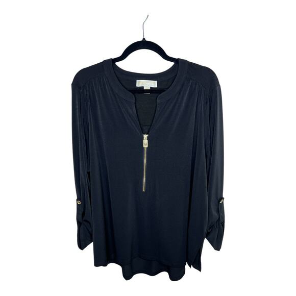 Michael Kors Zip Front Blouse Size 2X Black Stretch Roll Tab Sleeve - Picture 1 of 6
